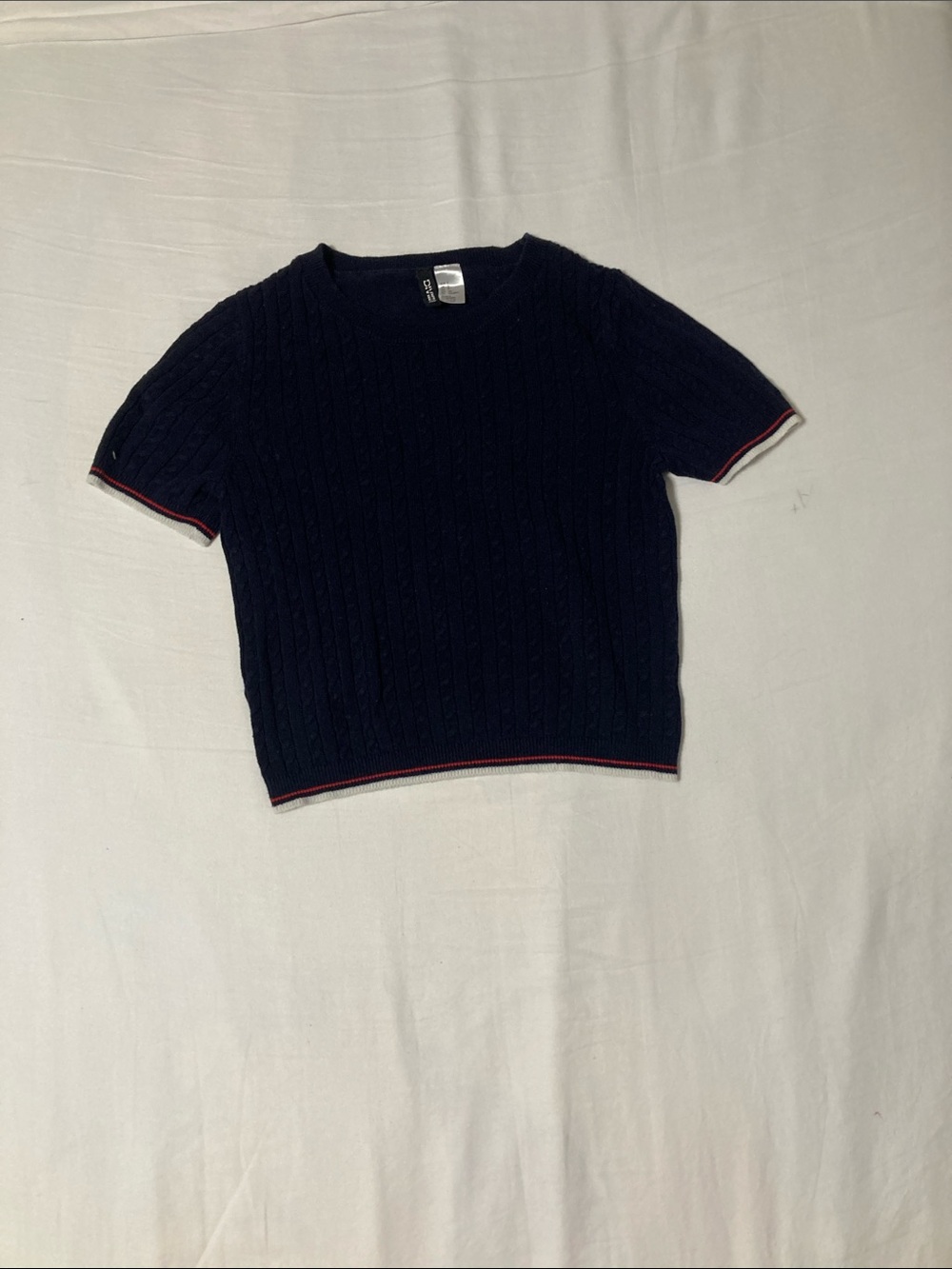 H&M Navy Short Sleeve Cable Knit Sweater with Red & White Trim